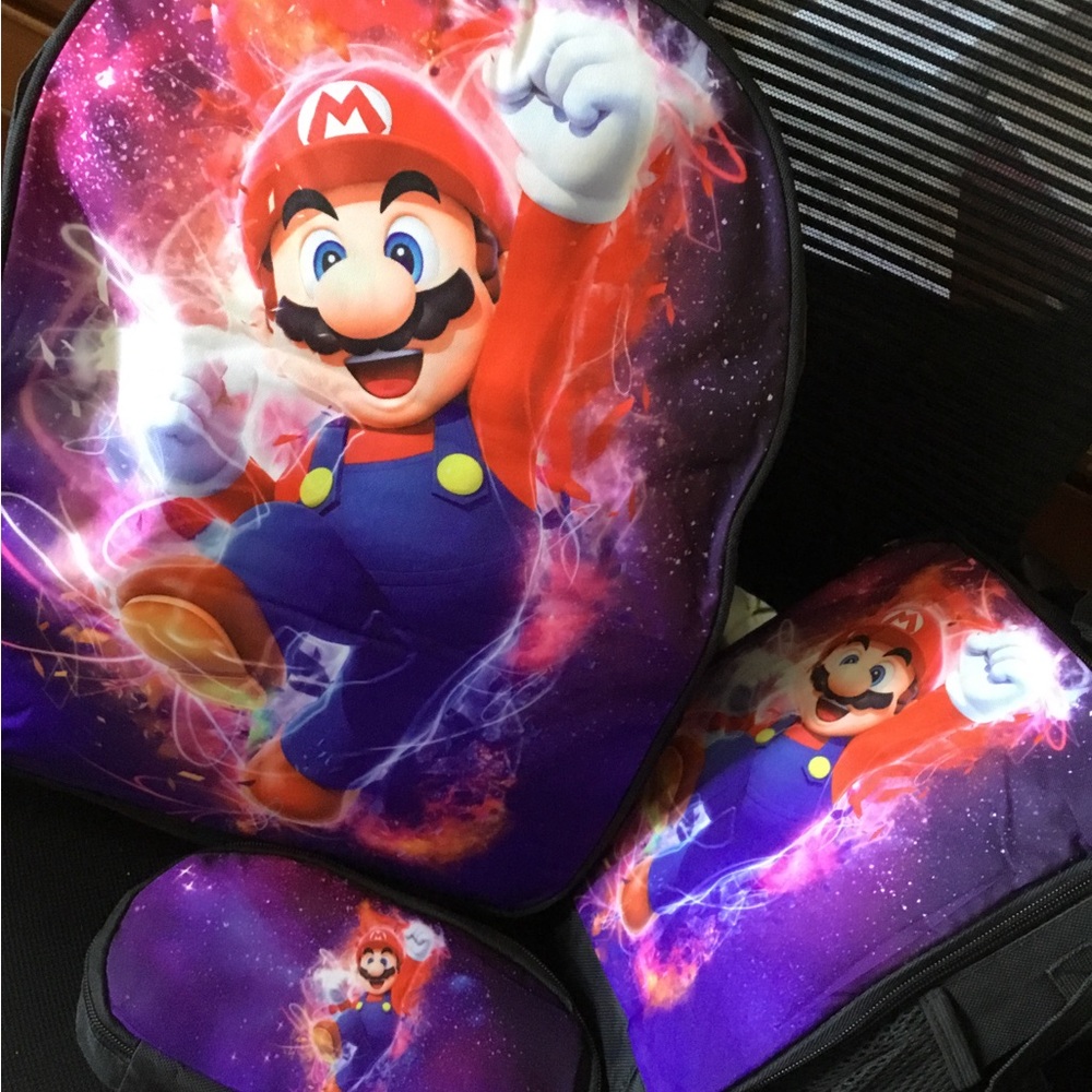 Mario 3 piece set Backpack lunchbox and pencil case in Purple and Red